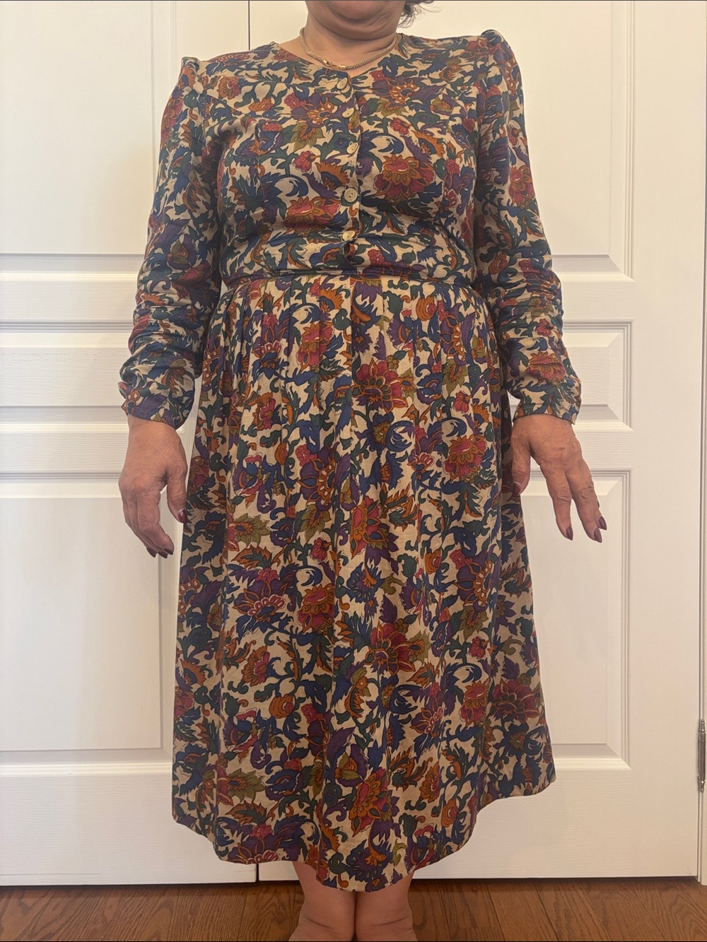 Floral Long-Sleeve Midi Dress in Multi-Color